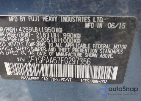 2015 Subaru Impreza 2.0I z USA, uszkodzony, nr VIN JF1GPAA67FG297356